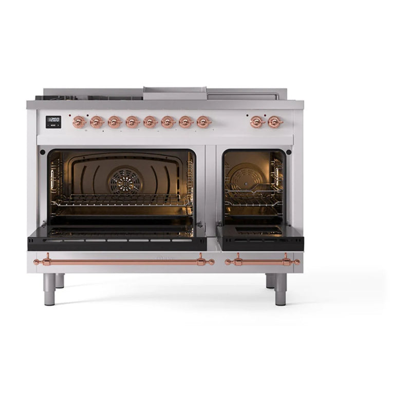 ILVE Nostalgie II 48" Dual Fuel Freestanding Range in White with Copper Trim, UP48FSQNMPWHPLP