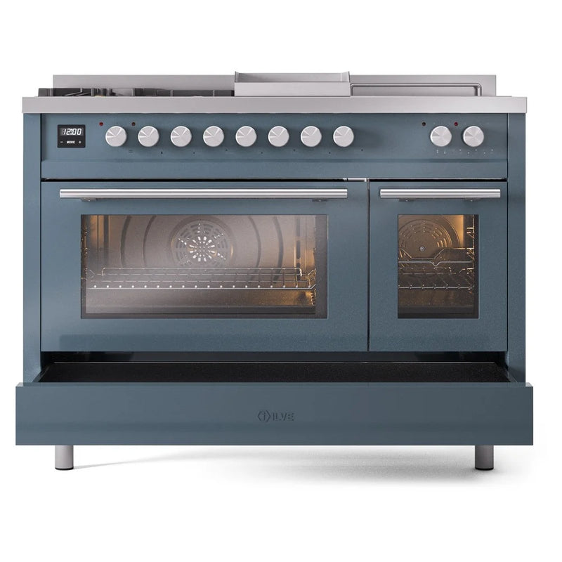 ILVE Professional Plus II 48" Dual Fuel Freestanding Range in Blue Grey with Brass Trim, UP48FSWMPBG