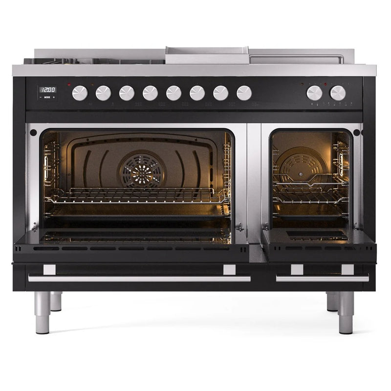 ILVE Professional Plus II 48" Dual Fuel Freestanding Range in Glossy Black with Stainless Steel Trim, UP48FSWMPBKLP