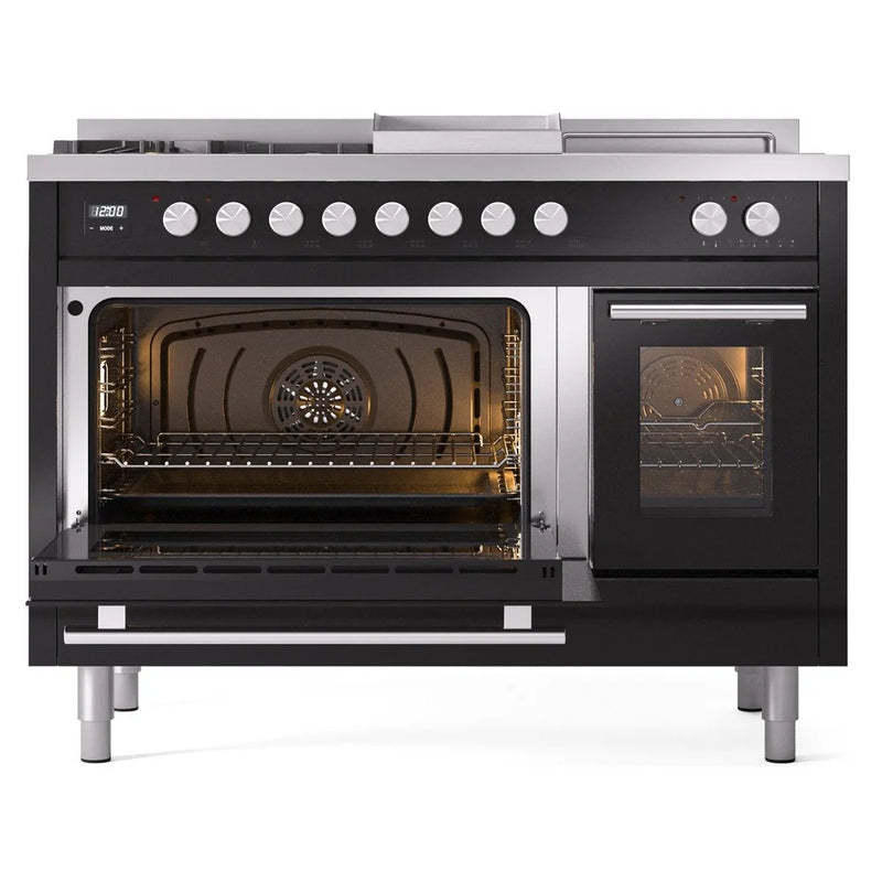 ILVE Professional Plus II 48" Dual Fuel Freestanding Range in Glossy Black with Stainless Steel Trim, UP48FSWMPBKLP