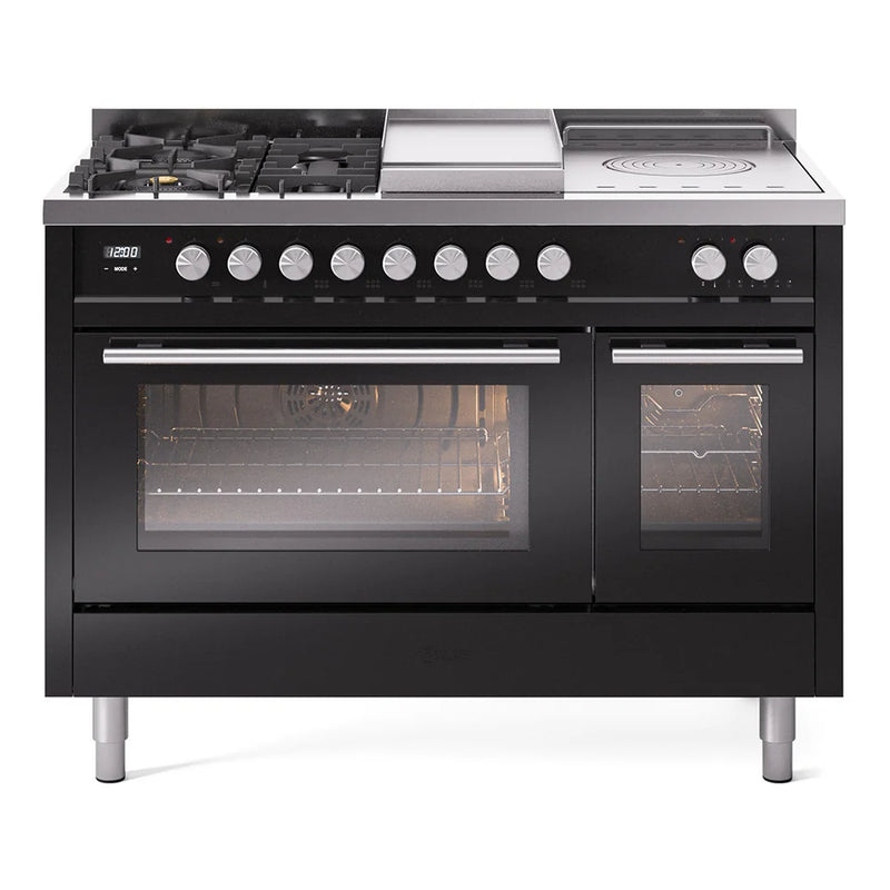 ILVE Professional Plus II 48" Dual Fuel Freestanding Range in Glossy Black with Stainless Steel Trim, UP48FSWMPBK