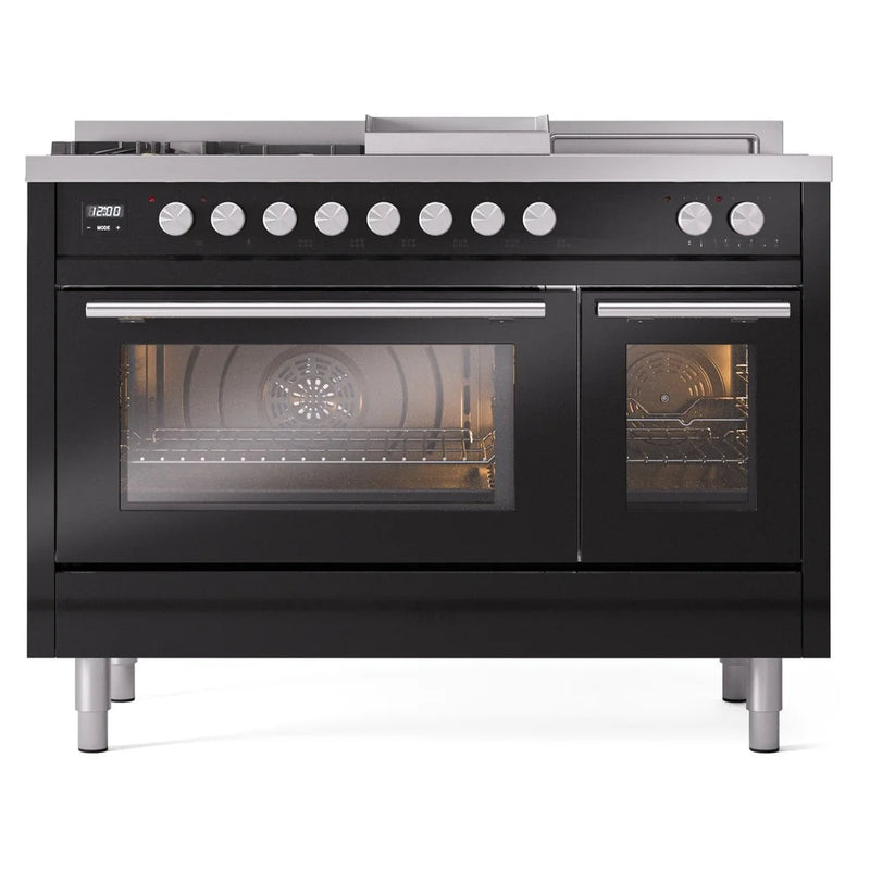 ILVE Professional Plus II 48" Dual Fuel Freestanding Range in Glossy Black with Stainless Steel Trim, UP48FSWMPBK