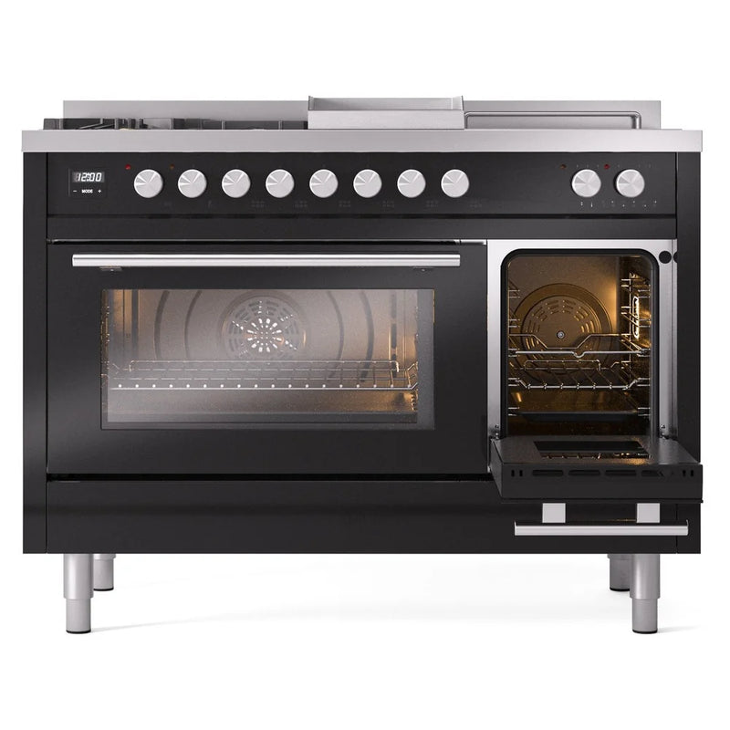 ILVE Professional Plus II 48" Dual Fuel Freestanding Range in Glossy Black with Stainless Steel Trim, UP48FSWMPBK
