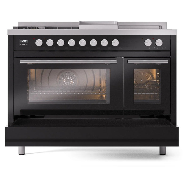 ILVE Professional Plus II 48" Dual Fuel Freestanding Range in Glossy Black with Stainless Steel Trim, UP48FSWMPBK
