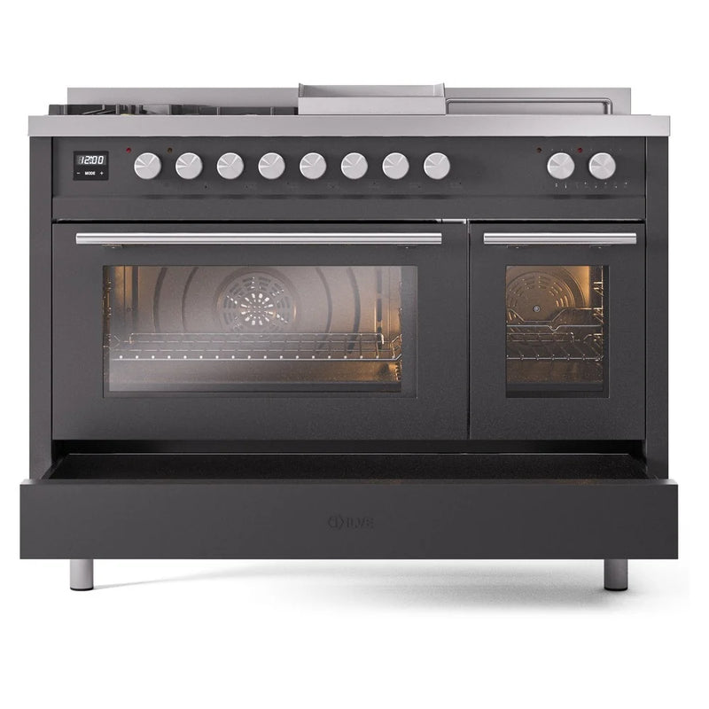 ILVE Professional Plus II 48" Dual Fuel Freestanding Range in Graphite Matte with Stainless Steel Trim, UP48FSWMPMGLP