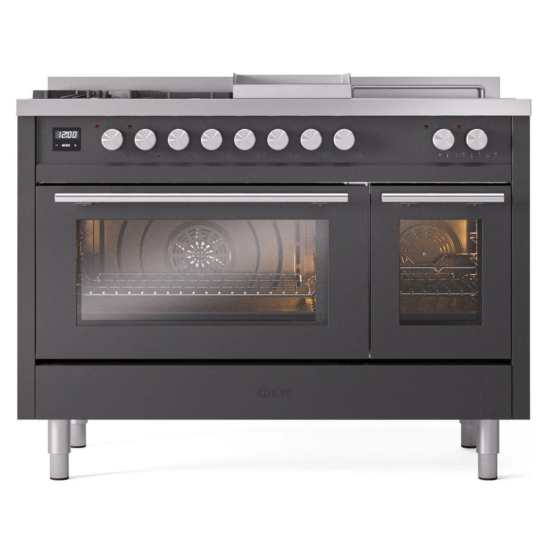 ILVE Professional Plus II 48" Dual Fuel Freestanding Range in Graphite Matte with Stainless Steel Trim, UP48FSWMPMG