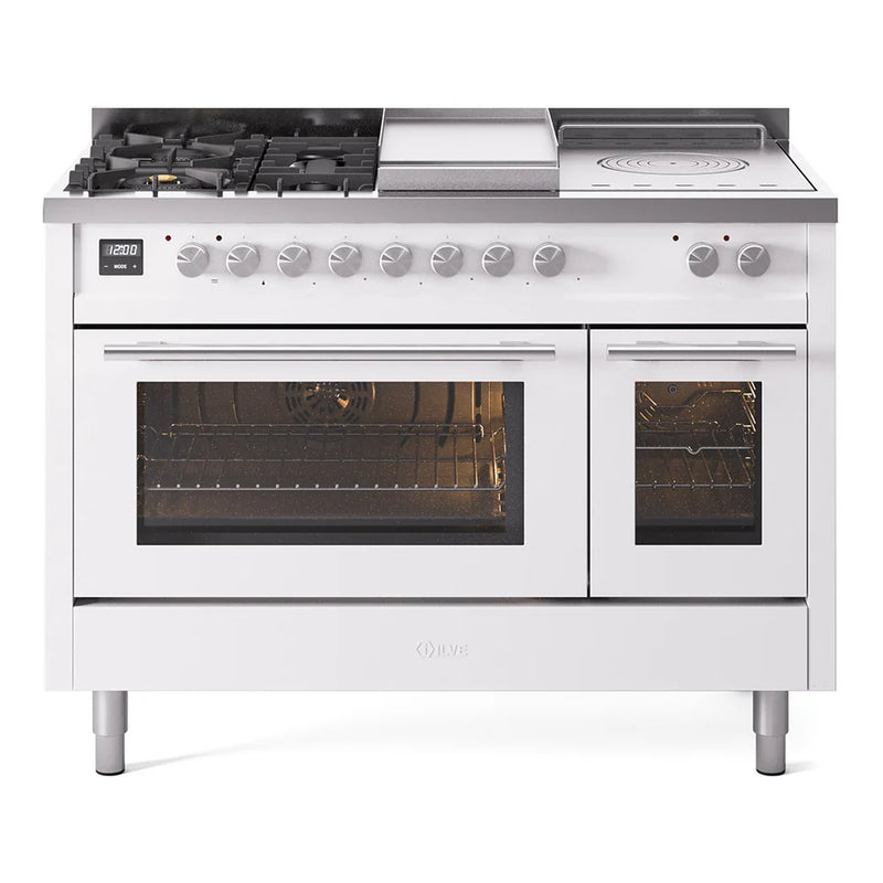 ILVE Professional Plus II 48" Dual Fuel Freestanding Range in White with Stainless Steel Trim, UP48FSWMPWH