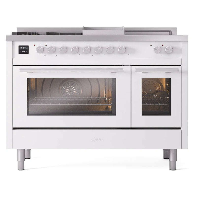 ILVE Professional Plus II 48" Dual Fuel Freestanding Range in White with Stainless Steel Trim, UP48FSWMPWH