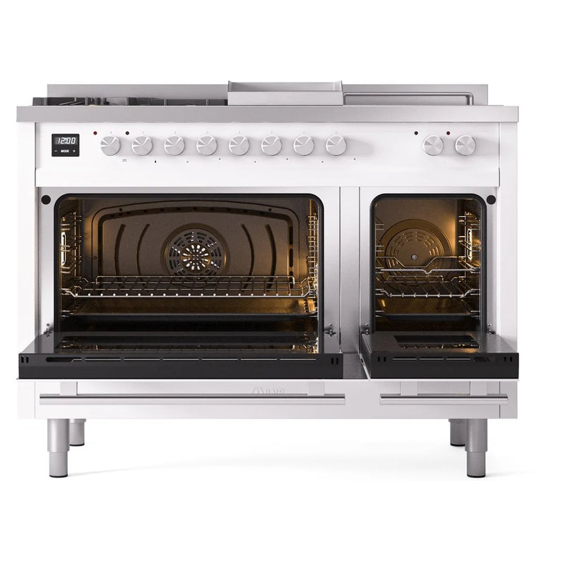 ILVE Professional Plus II 48" Dual Fuel Freestanding Range in White with Stainless Steel Trim, UP48FSWMPWH