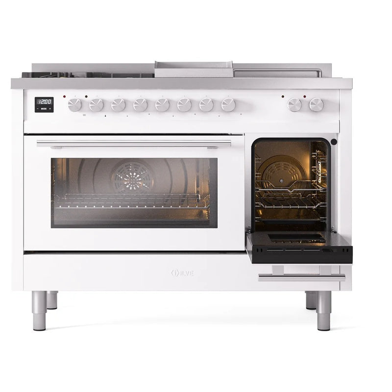 ILVE Professional Plus II 48" Dual Fuel Freestanding Range in White with Stainless Steel Trim, UP48FSWMPWH