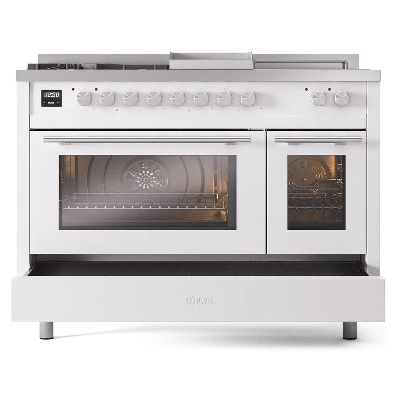 ILVE Professional Plus II 48" Dual Fuel Freestanding Range in White with Stainless Steel Trim, UP48FSWMPWH
