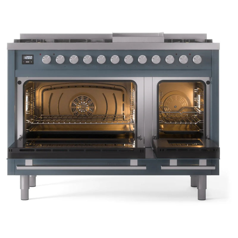 ILVE Professional Plus II 48" Dual Fuel Freestanding Range in Blue Grey with Stainless Steel Trim, UP48FWMPBGLP