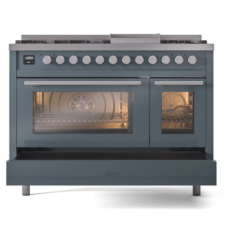 ILVE Professional Plus II 48" Dual Fuel Freestanding Range in Blue Grey with Stainless Steel Trim, UP48FWMPBGLP