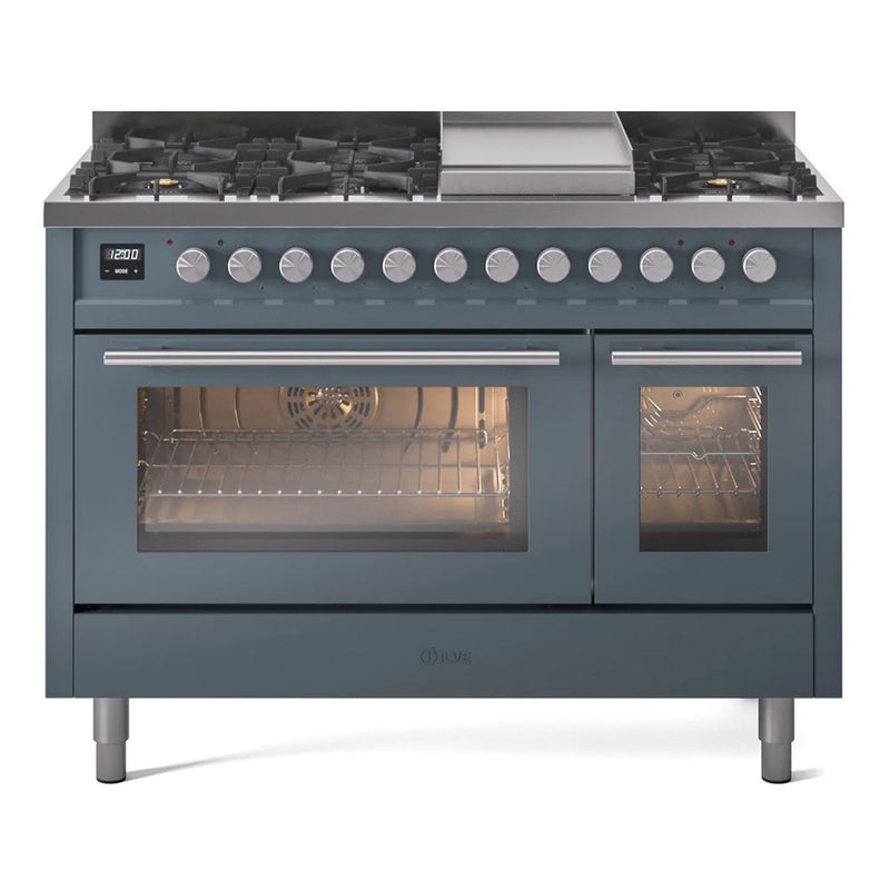 ILVE Professional Plus II 48" Dual Fuel Freestanding Range in Blue Grey with Stainless Steel Trim, UP48FWMPBG