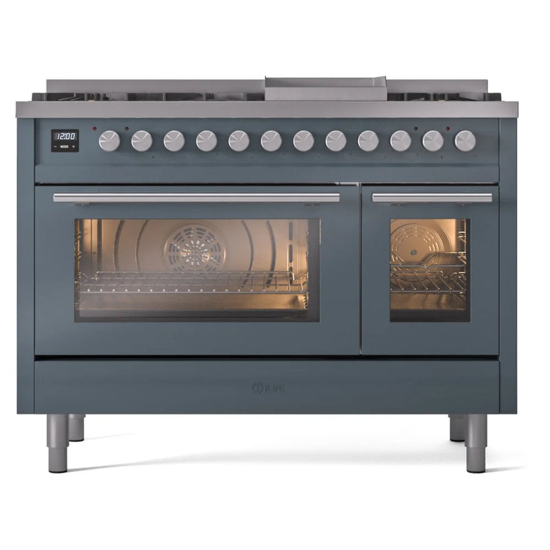 ILVE Professional Plus II 48" Dual Fuel Freestanding Range in Blue Grey with Stainless Steel Trim, UP48FWMPBG
