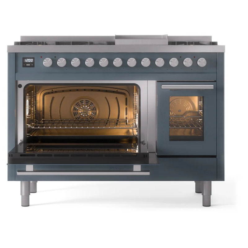 ILVE Professional Plus II 48" Dual Fuel Freestanding Range in Blue Grey with Stainless Steel Trim, UP48FWMPBG