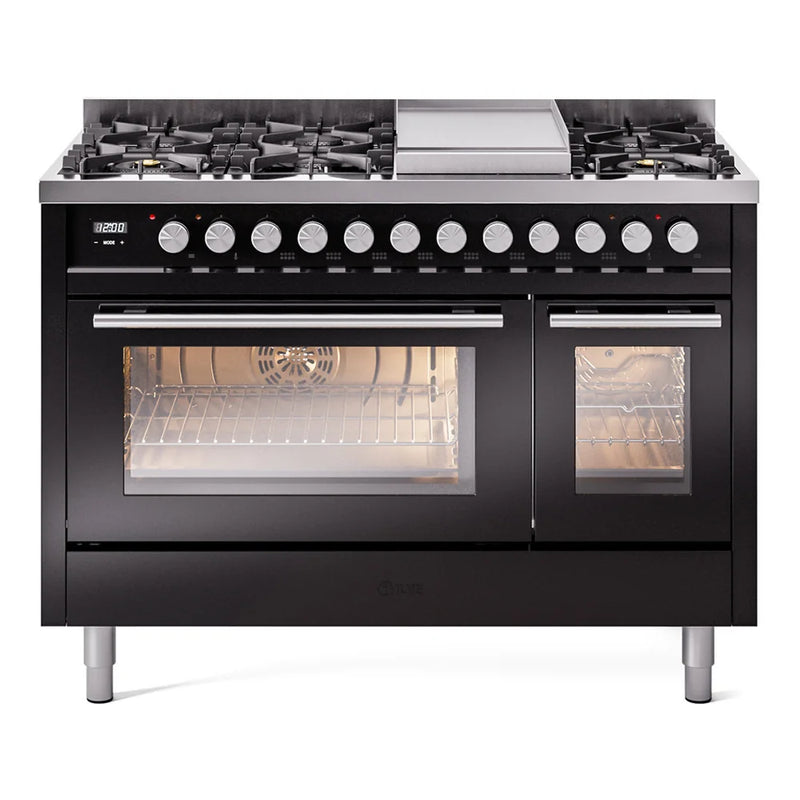 ILVE Professional Plus II 48" Dual Fuel Freestanding Range in Glossy Black with Stainless Steel Trim, UP48FWMPBKLP