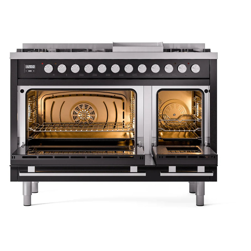 ILVE Professional Plus II 48" Dual Fuel Freestanding Range in Glossy Black with Stainless Steel Trim, UP48FWMPBKLP
