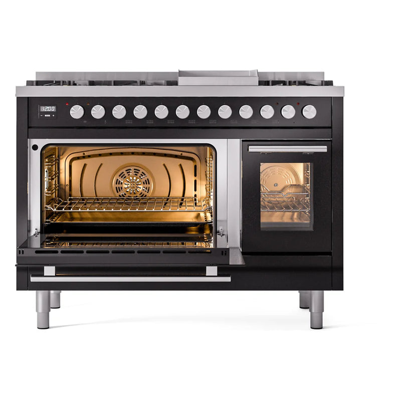 ILVE Professional Plus II 48" Dual Fuel Freestanding Range in Glossy Black with Stainless Steel Trim, UP48FWMPBKLP