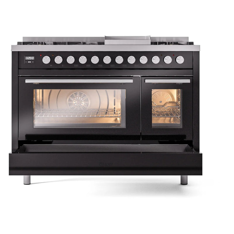 ILVE Professional Plus II 48" Dual Fuel Freestanding Range in Glossy Black with Stainless Steel Trim, UP48FWMPBKLP