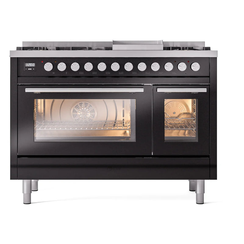 ILVE Professional Plus II 48" Dual Fuel Freestanding Range in Glossy Black with Stainless Steel Trim, UP48FWMPBK