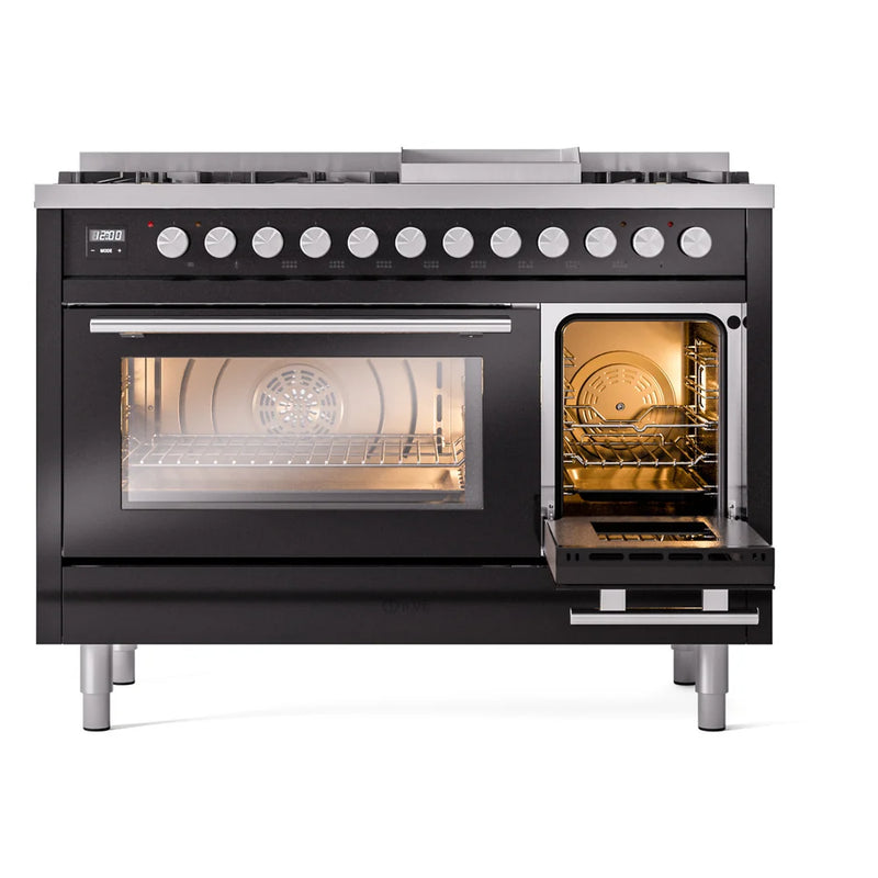 ILVE Professional Plus II 48" Dual Fuel Freestanding Range in Glossy Black with Stainless Steel Trim, UP48FWMPBK