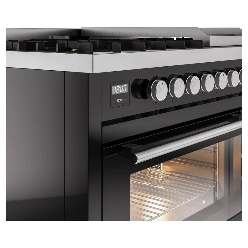 ILVE Professional Plus II 48" Dual Fuel Freestanding Range in Glossy Black with Stainless Steel Trim, UP48FWMPBK