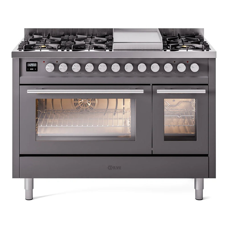 ILVE Professional Plus II 48" Dual Fuel Freestanding Range in Graphite Matte with Stainless Steel Trim, UP48FWMPMGLP