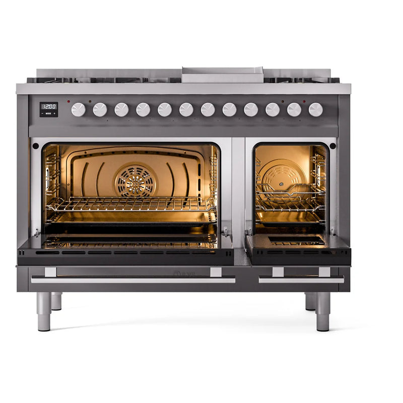 ILVE Professional Plus II 48" Dual Fuel Freestanding Range in Graphite Matte with Stainless Steel Trim, UP48FWMPMGLP