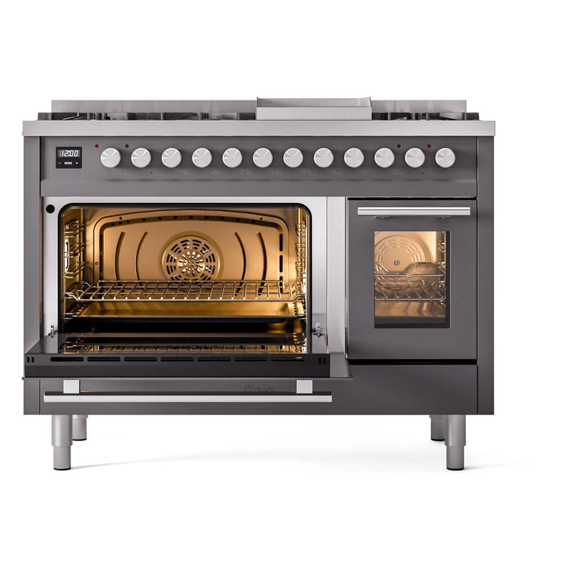 ILVE Professional Plus II 48" Dual Fuel Freestanding Range in Graphite Matte with Stainless Steel Trim, UP48FWMPMGLP