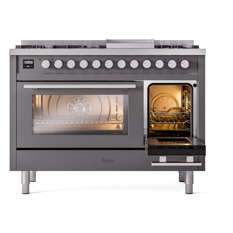 ILVE Professional Plus II 48" Dual Fuel Freestanding Range in Graphite Matte with Stainless Steel Trim, UP48FWMPMGLP