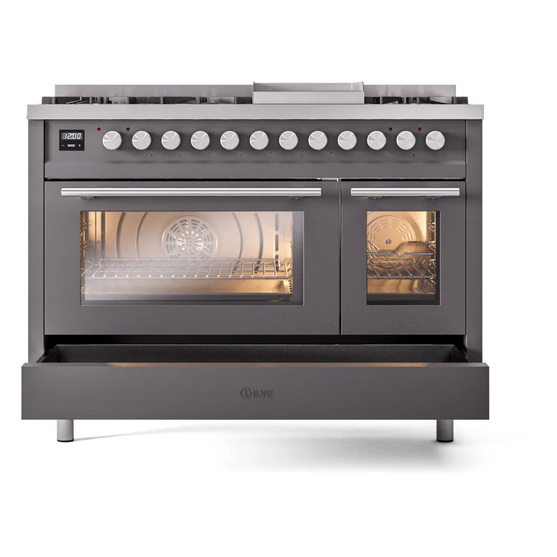 ILVE Professional Plus II 48" Dual Fuel Freestanding Range in Graphite Matte with Stainless Steel Trim, UP48FWMPMGLP