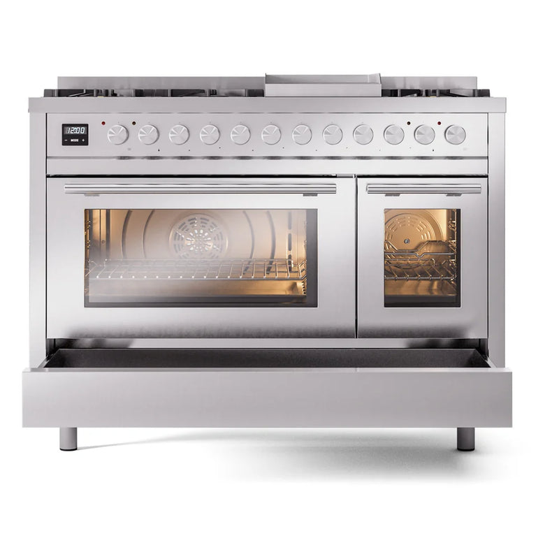 ILVE Professional Plus II 48" Dual Fuel Freestanding Range in Stainless Steel with Stainless Steel Trim, UP48FWMPSSLP