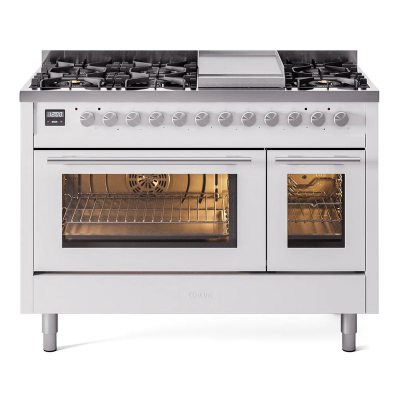 ILVE Professional Plus II 48" Dual Fuel Freestanding Range in White with Stainless Steel Trim, UP48FWMPWHLP