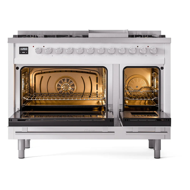 ILVE Professional Plus II 48" Dual Fuel Freestanding Range in White with Stainless Steel Trim, UP48FWMPWHLP