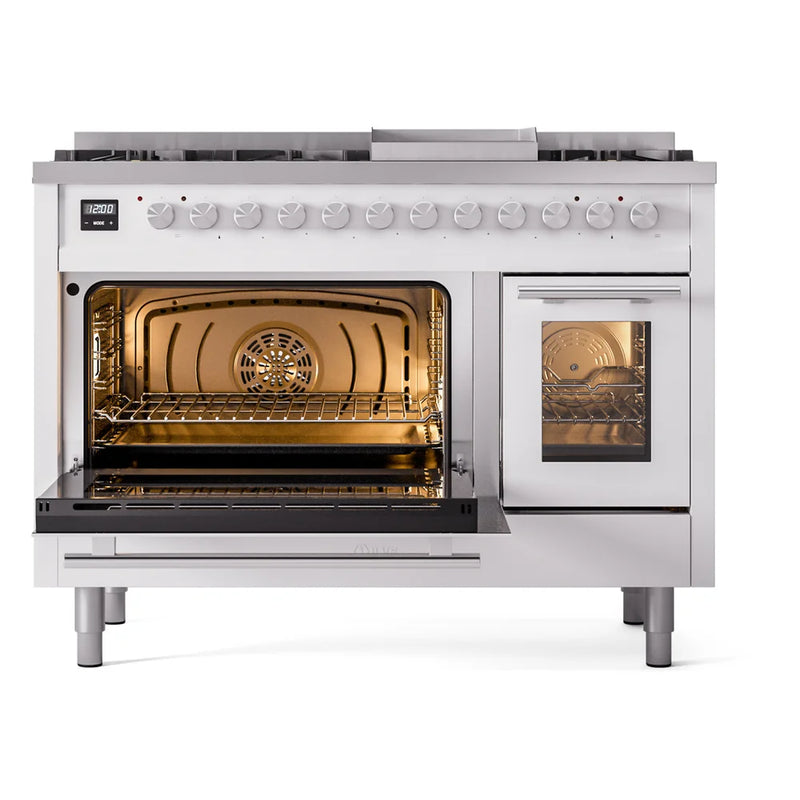 ILVE Professional Plus II 48" Dual Fuel Freestanding Range in White with Stainless Steel Trim, UP48FWMPWHLP