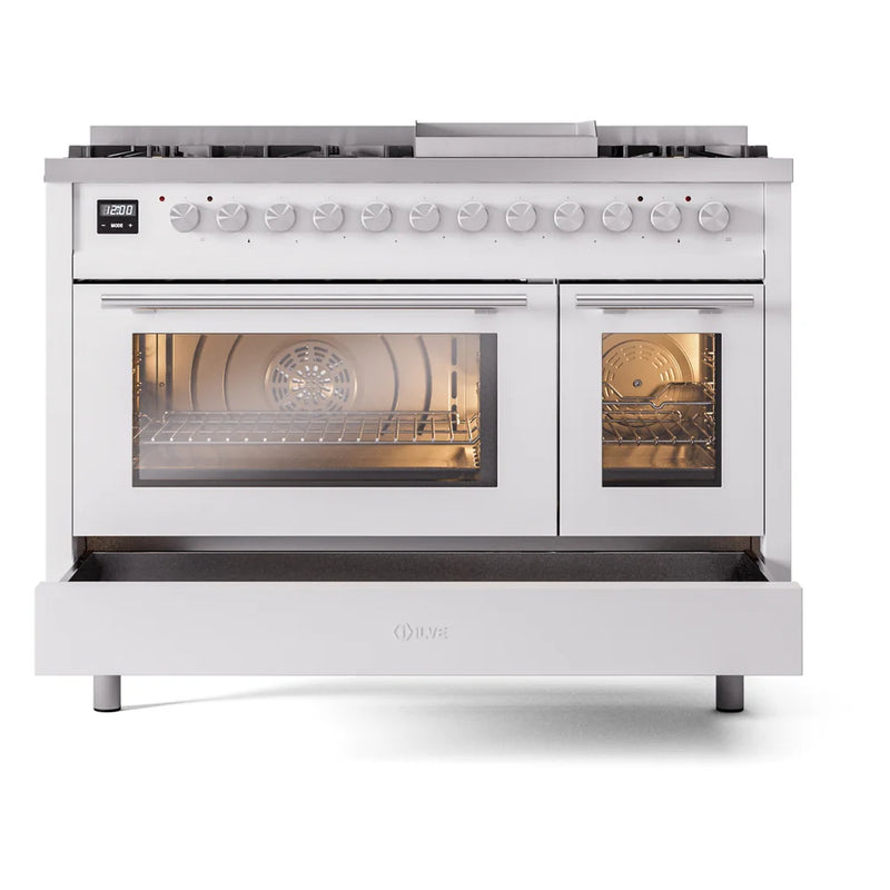 ILVE Professional Plus II 48" Dual Fuel Freestanding Range in White with Stainless Steel Trim, UP48FWMPWHLP