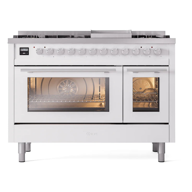 ILVE Professional Plus II 48" Dual Fuel Freestanding Range in White with Stainless Steel Trim, UP48FWMPWH