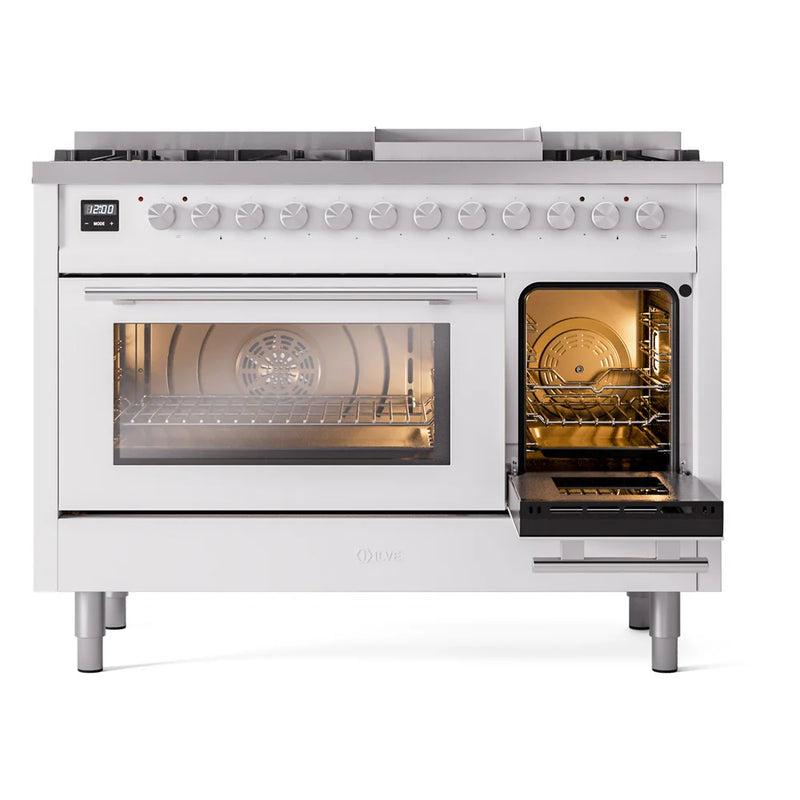 ILVE Professional Plus II 48" Dual Fuel Freestanding Range in White with Stainless Steel Trim, UP48FWMPWH
