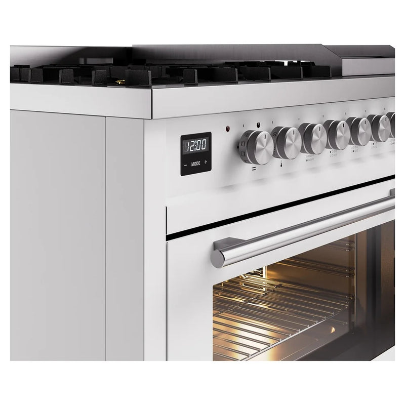 ILVE Professional Plus II 48" Dual Fuel Freestanding Range in White with Stainless Steel Trim, UP48FWMPWH
