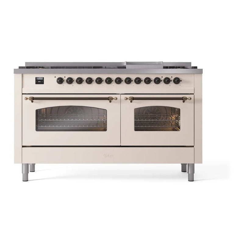 ILVE Nostalgie II 60" Dual Fuel Freestanding Range in Antique White with Burnished Trim, UP60FNMPAWBLP