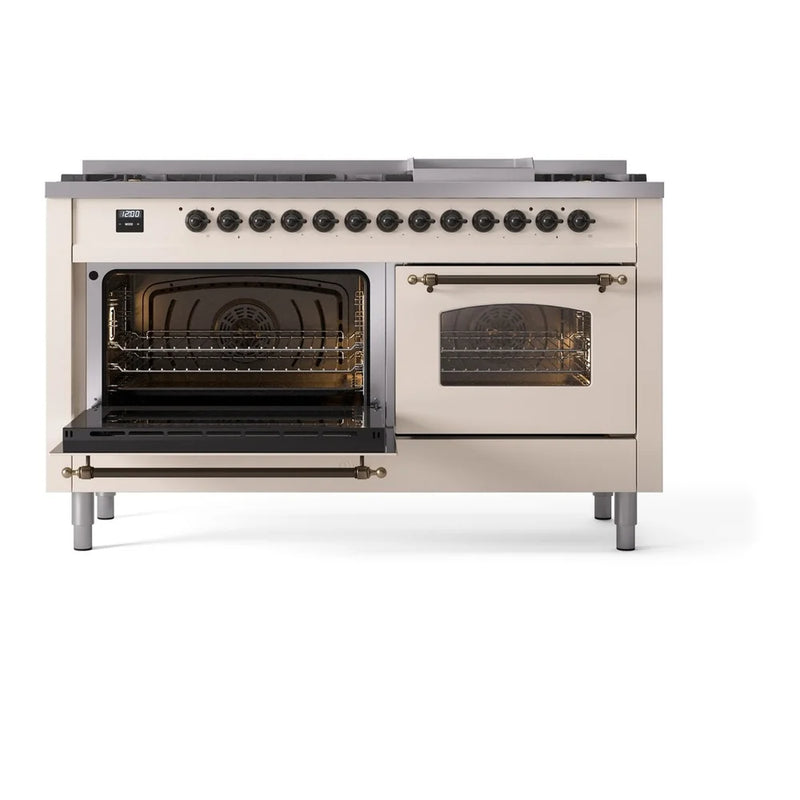 ILVE Nostalgie II 60" Dual Fuel Freestanding Range in Antique White with Burnished Trim, UP60FNMPAWBLP