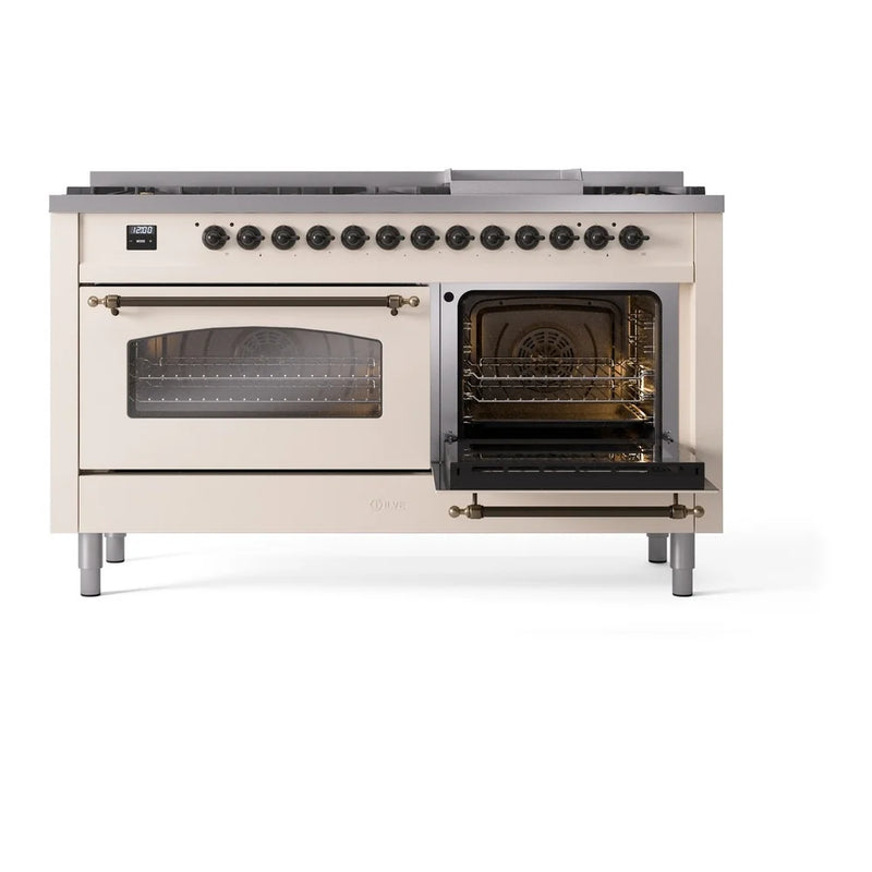 ILVE Nostalgie II 60" Dual Fuel Freestanding Range in Antique White with Burnished Trim, UP60FNMPAWBLP