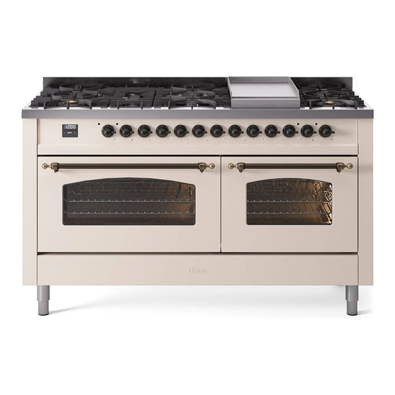 ILVE Nostalgie II 60" Dual Fuel Freestanding Range in Antique White with Burnished Trim, UP60FNMPAWB