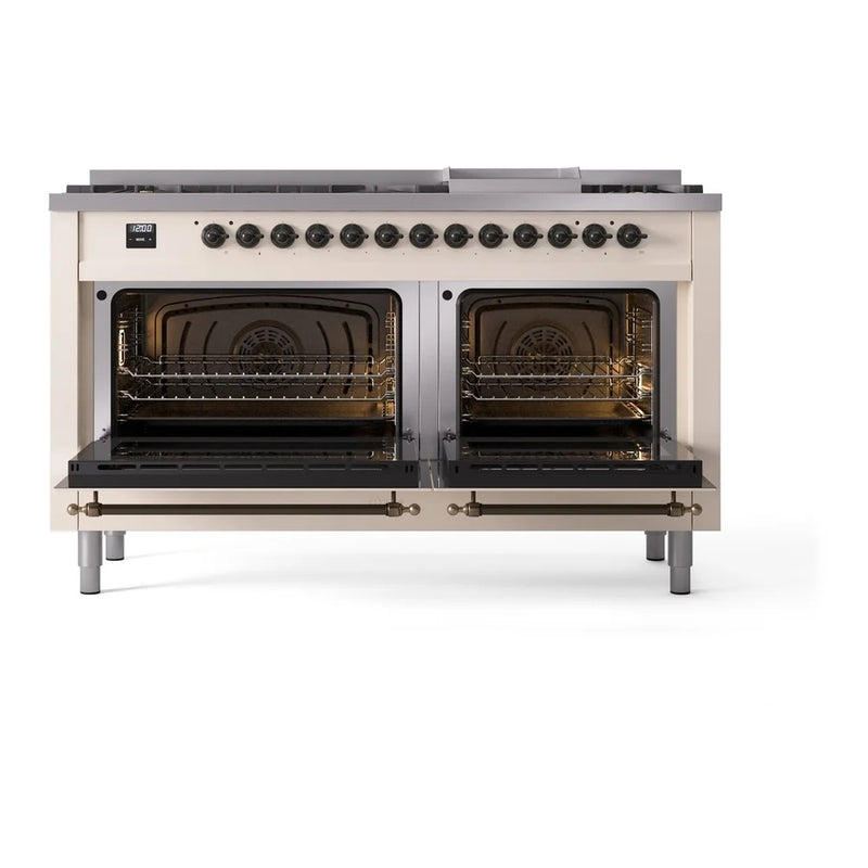 ILVE Nostalgie II 60" Dual Fuel Freestanding Range in Antique White with Burnished Trim, UP60FNMPAWB