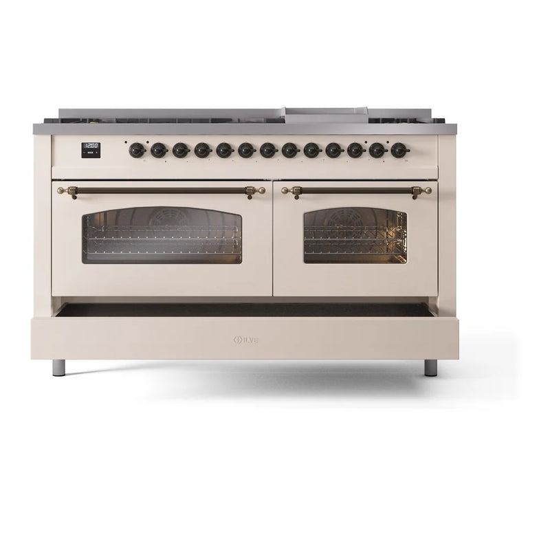 ILVE Nostalgie II 60" Dual Fuel Freestanding Range in Antique White with Burnished Trim, UP60FNMPAWB