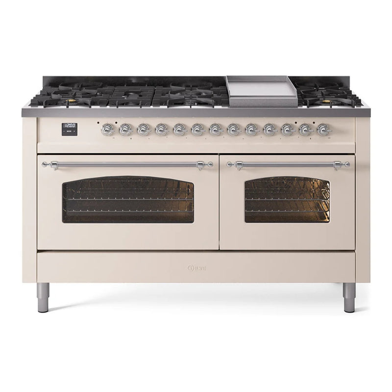 ILVE Nostalgie II 60" Dual Fuel Freestanding Range in Antique White with Chrome Trim, UP60FNMPAWCLP