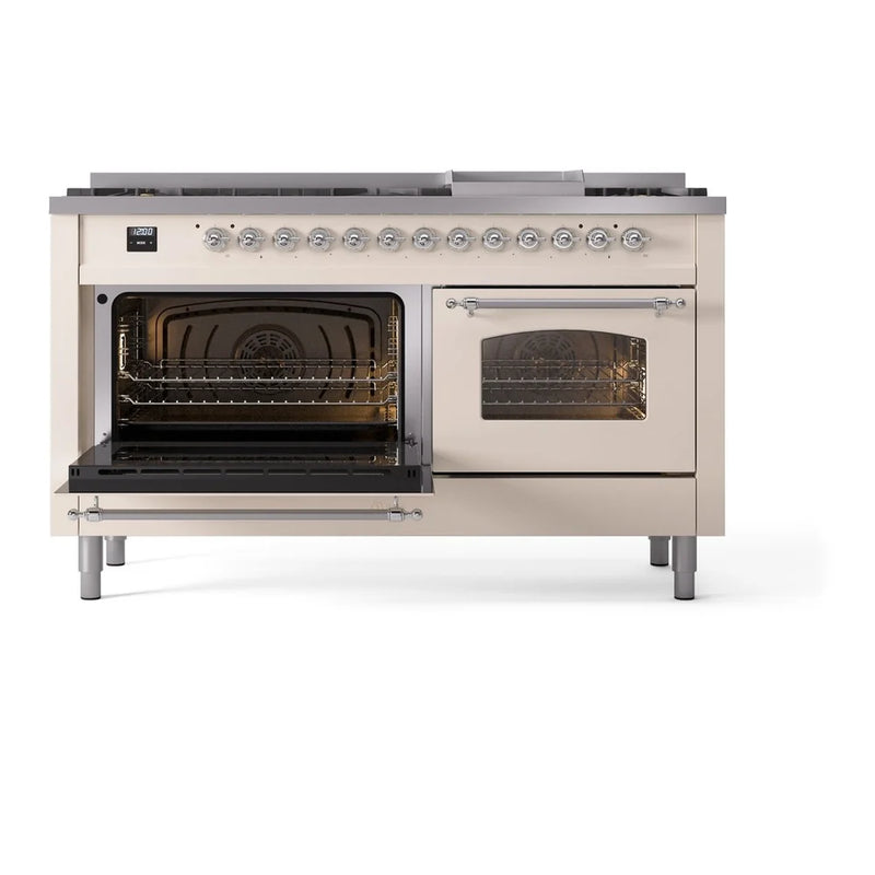 ILVE Nostalgie II 60" Dual Fuel Freestanding Range in Antique White with Chrome Trim, UP60FNMPAWCLP