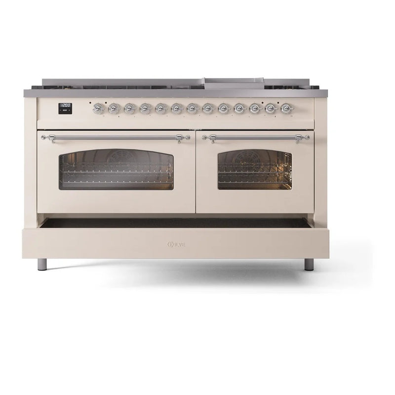 ILVE Nostalgie II 60" Dual Fuel Freestanding Range in Antique White with Chrome Trim, UP60FNMPAWCLP