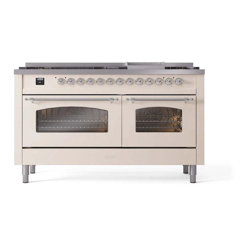 ILVE Nostalgie II 60" Dual Fuel Freestanding Range in Antique White with Chrome Trim, UP60FNMPAWC